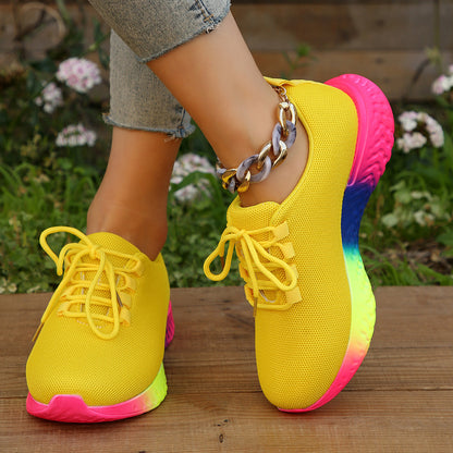 Rainbow Sole Mesh Sneakers – Lace-Up Women’s Fashion Running Shoes