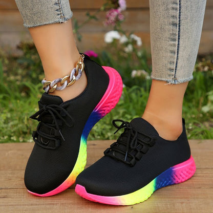 Rainbow Sole Mesh Sneakers – Lace-Up Women’s Fashion Running Shoes