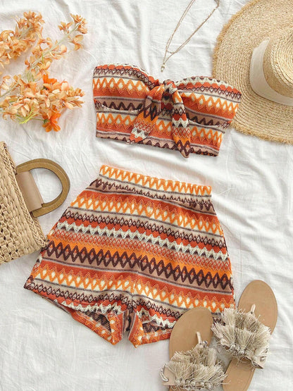 Women’s 2-Piece Striped Summer Set – Sexy Elastic Crop Top & High-Waist Shorts for Vacation & Daily Wear