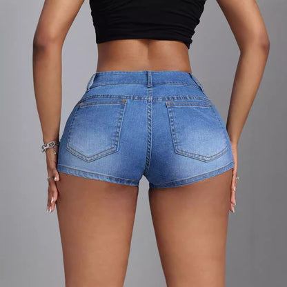Mid-Low Waist Beaded Denim Shorts – Mid-Elastic Fit for Women