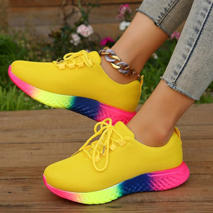 Rainbow Sole Mesh Sneakers – Lace-Up Women’s Fashion Running Shoes