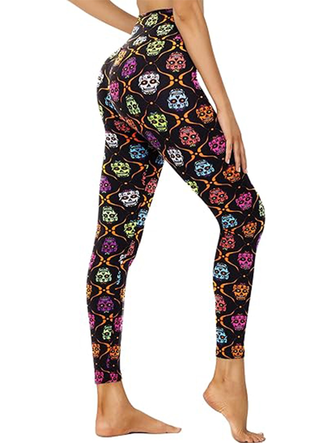 Cropped High-Waisted Leggings – Colorful Skulls Print