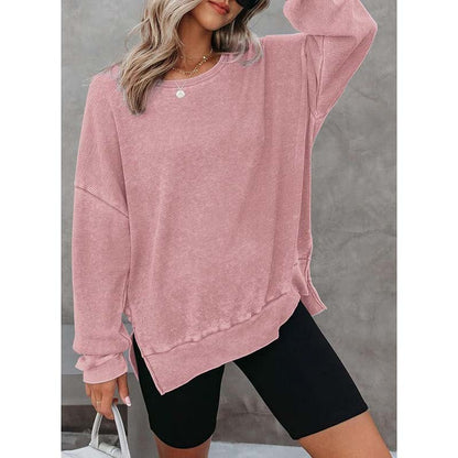 Waffle Knit Long Sleeve Crewneck – Casual Slit Hem Pullover