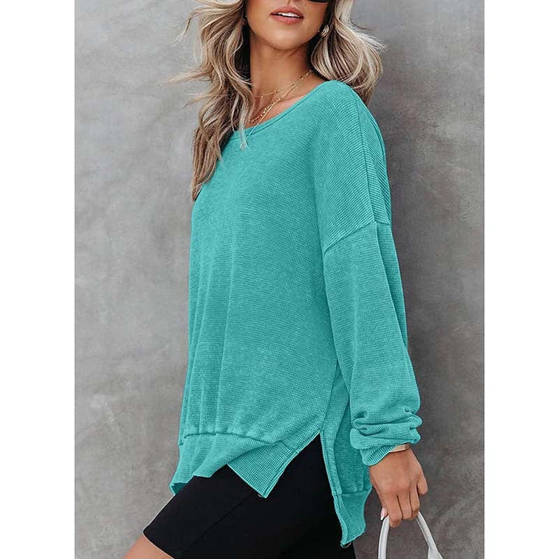 Waffle Knit Long Sleeve Crewneck – Casual Slit Hem Pullover