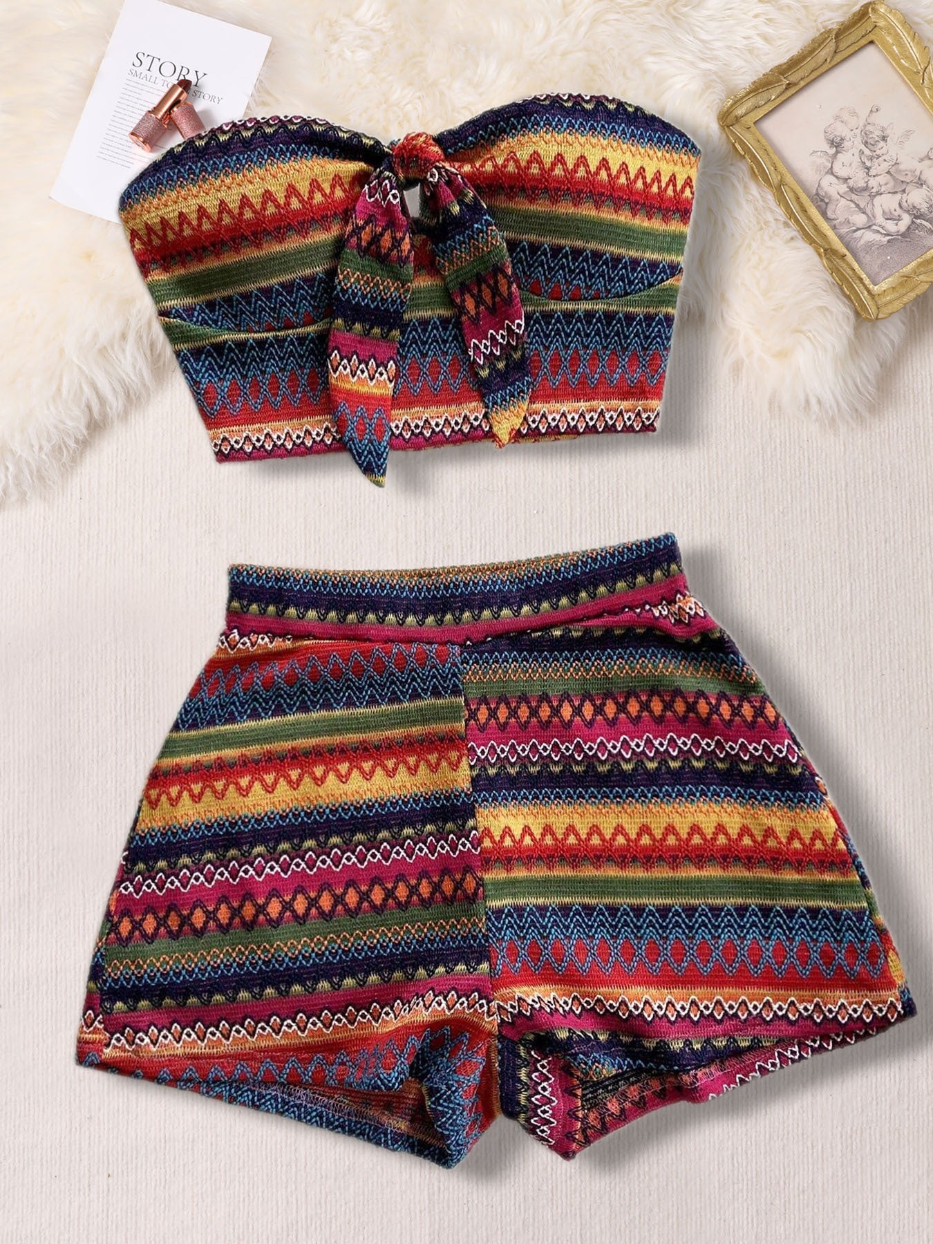 Women’s 2-Piece Striped Summer Set – Sexy Elastic Crop Top & High-Waist Shorts for Vacation & Daily Wear