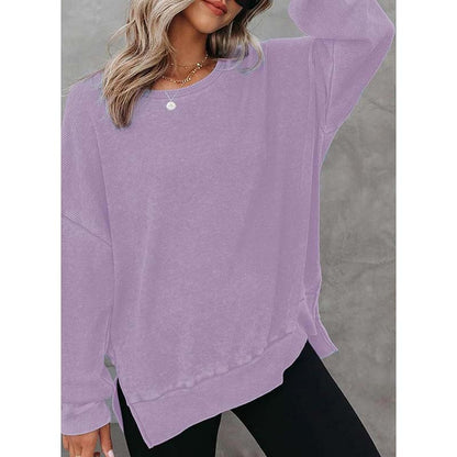 Waffle Knit Long Sleeve Crewneck – Casual Slit Hem Pullover