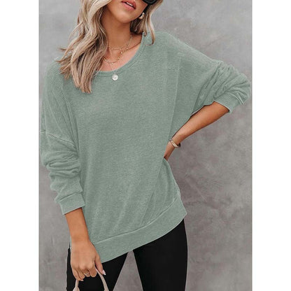 Waffle Knit Long Sleeve Crewneck – Casual Slit Hem Pullover