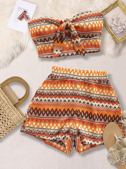 Women’s 2-Piece Striped Summer Set – Sexy Elastic Crop Top & High-Waist Shorts for Vacation & Daily Wear