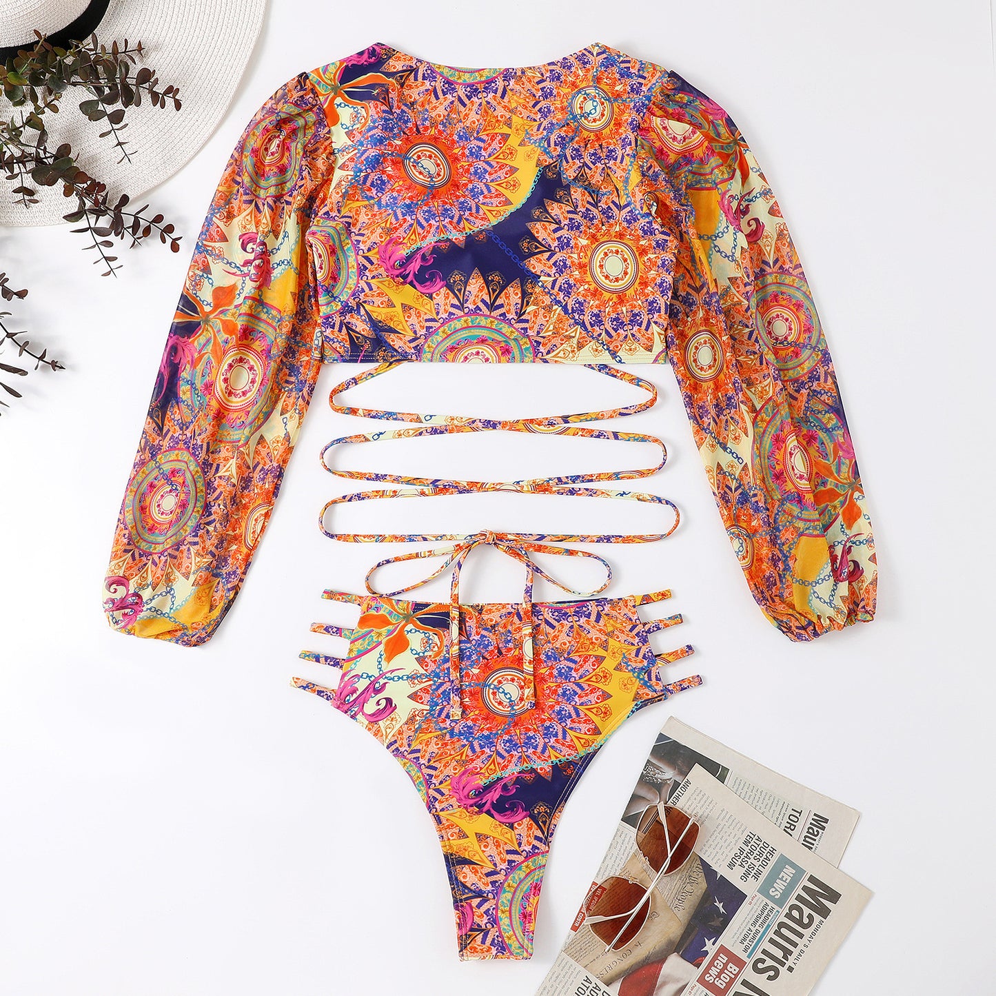 Sexy Mesh Lace-Up Bikini Swimsuit – Long Sleeve Swimwear for Women