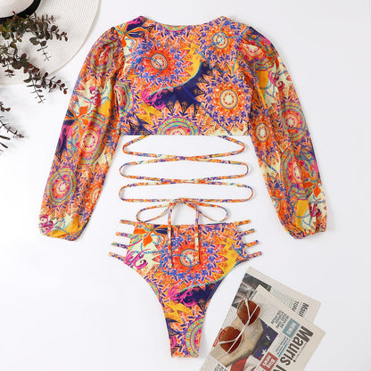 Sexy Mesh Lace-Up Bikini Swimsuit – Long Sleeve Swimwear for Women