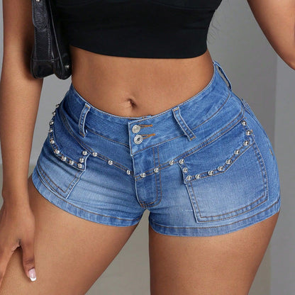Mid-Low Waist Beaded Denim Shorts – Mid-Elastic Fit for Women