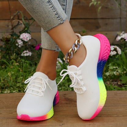 Rainbow Sole Mesh Sneakers – Lace-Up Women’s Fashion Running Shoes