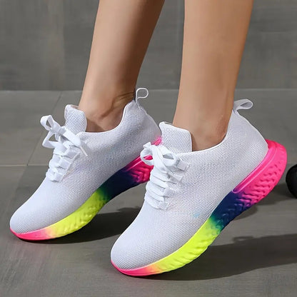 Rainbow Sole Mesh Sneakers – Lace-Up Women’s Fashion Running Shoes