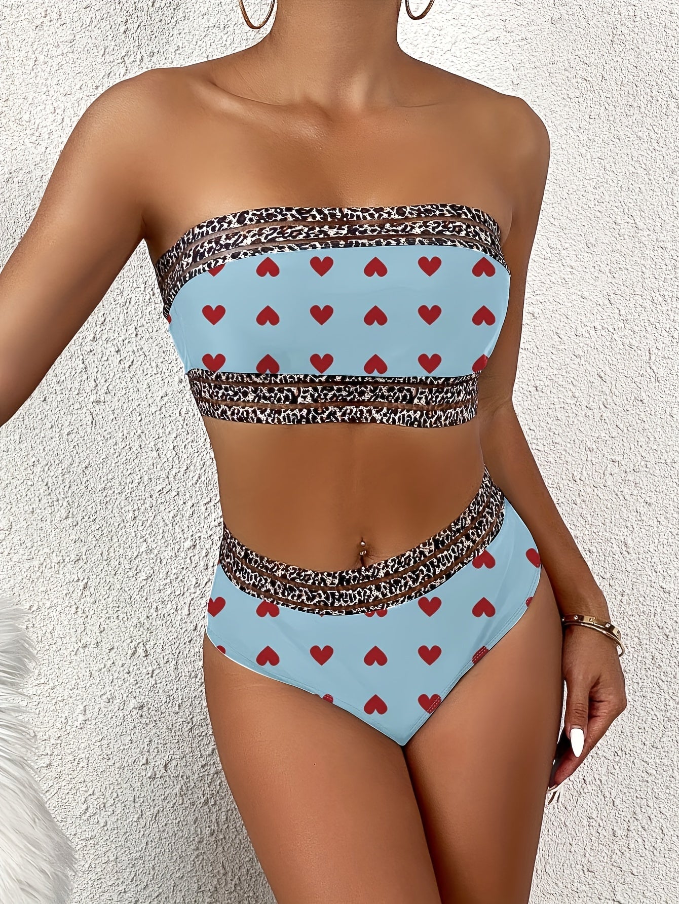 Women’s Love Print Leopard Bikini Set – Sexy Two-Piece Swimsuit with Elastic Belt