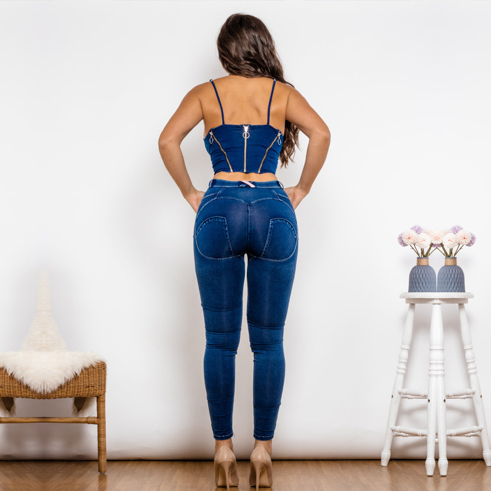 Shascullfites-style 2-Piece Shaper Set – Dark Blue Ripped Jeans & Zipper Crop Top for Women