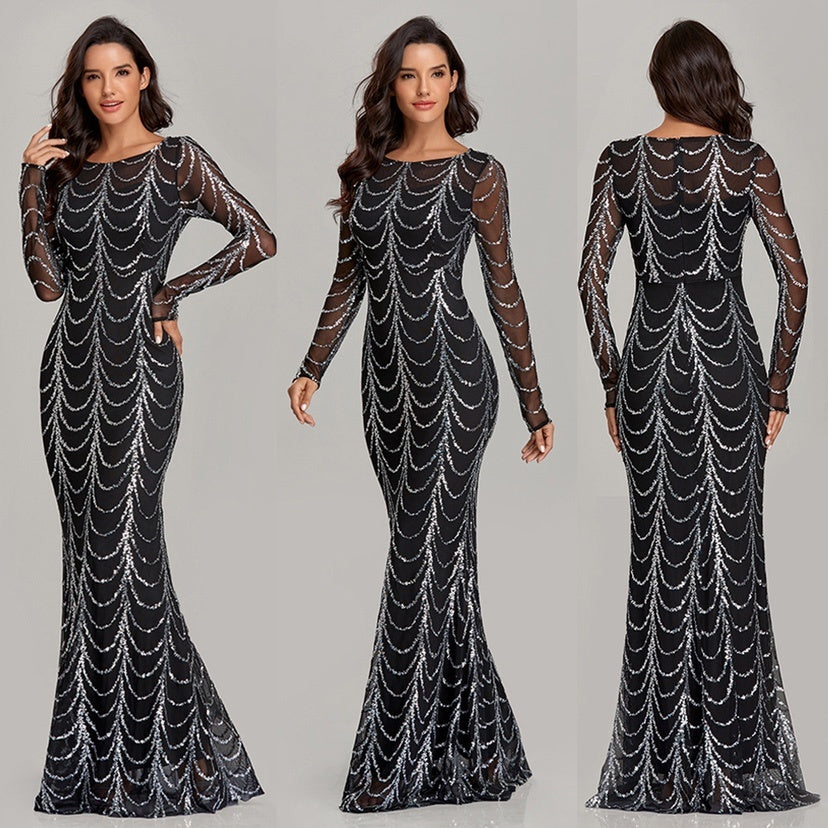 Long Sleeve Sequin Party Dress for Women – Elegant Maxi Style