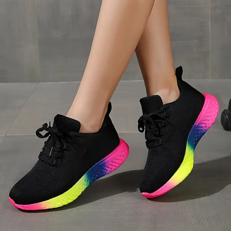 Rainbow Sole Mesh Sneakers – Lace-Up Women’s Fashion Running Shoes