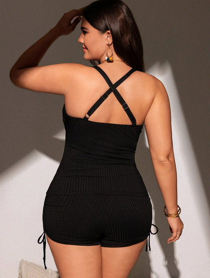 Plus Size Knit Lounge Set – Spaghetti Strap Top & High-Waist Boxer Shorts