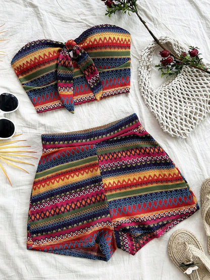 Women’s 2-Piece Striped Summer Set – Sexy Elastic Crop Top & High-Waist Shorts for Vacation & Daily Wear