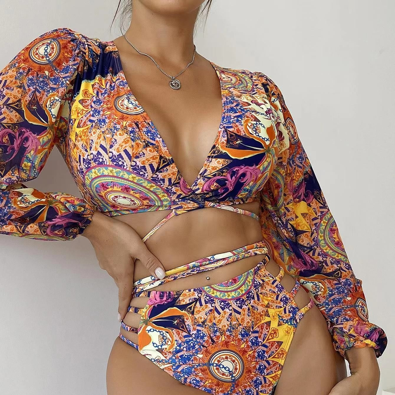 Sexy Mesh Lace-Up Bikini Swimsuit – Long Sleeve Swimwear for Women