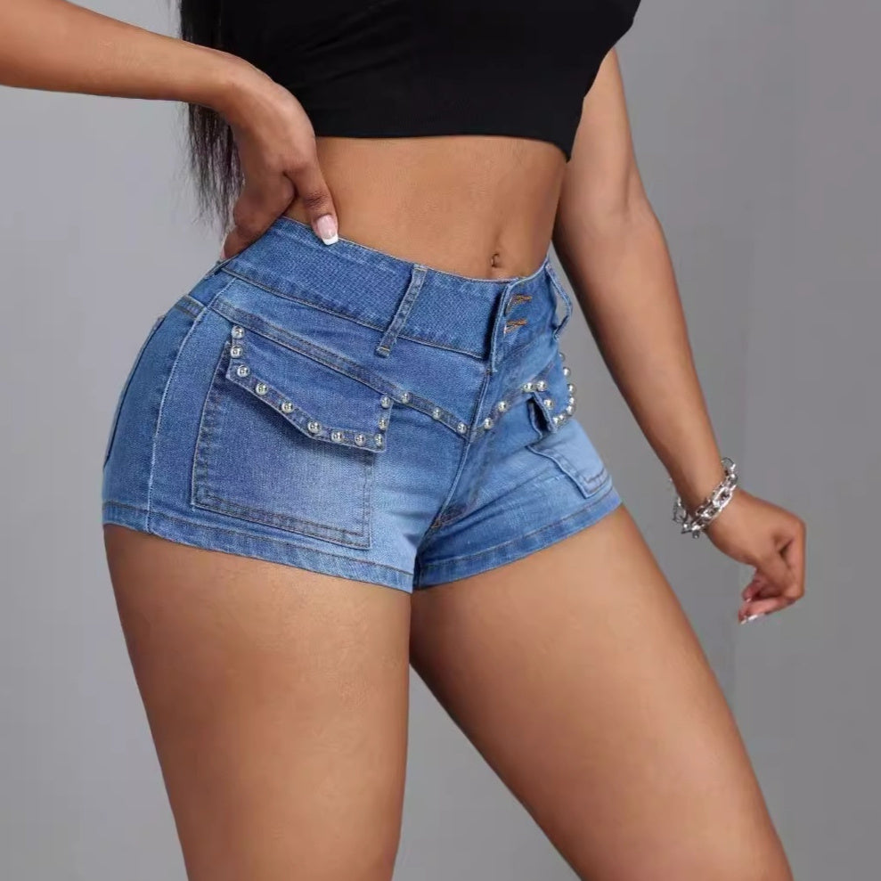 Mid-Low Waist Beaded Denim Shorts – Mid-Elastic Fit for Women