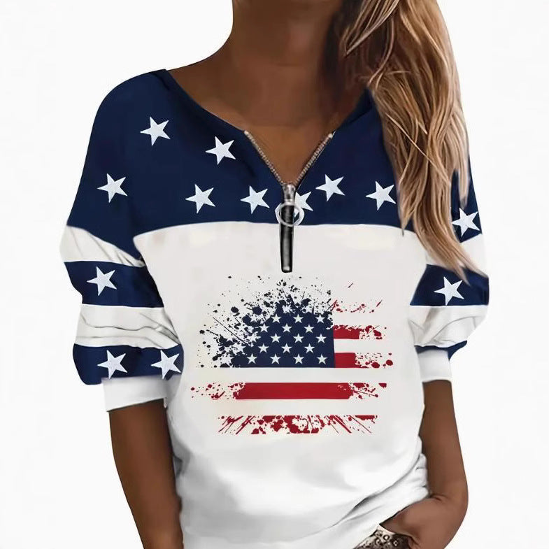 Half-Zip Flag Print Sweatshirt –Trendy Streetwear Pullover