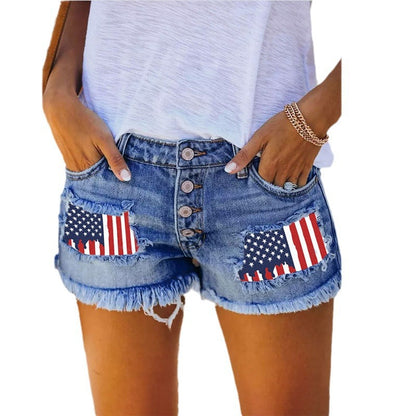 Women’s Ripped Patchwork Denim Shorts – Tassel Hem, Straight Fit
