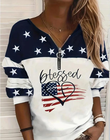 Half-Zip Flag Print Sweatshirt –Trendy Streetwear Pullover