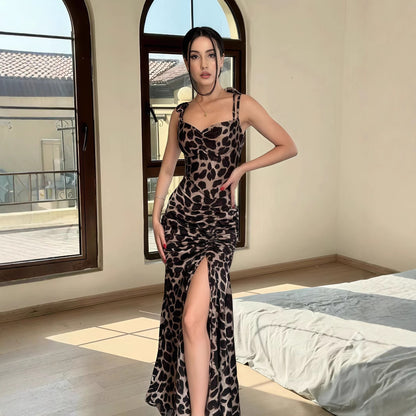 Leopard Print Pleated Dress – Split Hem & Nipped Waist Design