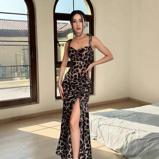 Leopard Print Pleated Dress – Split Hem & Nipped Waist Design