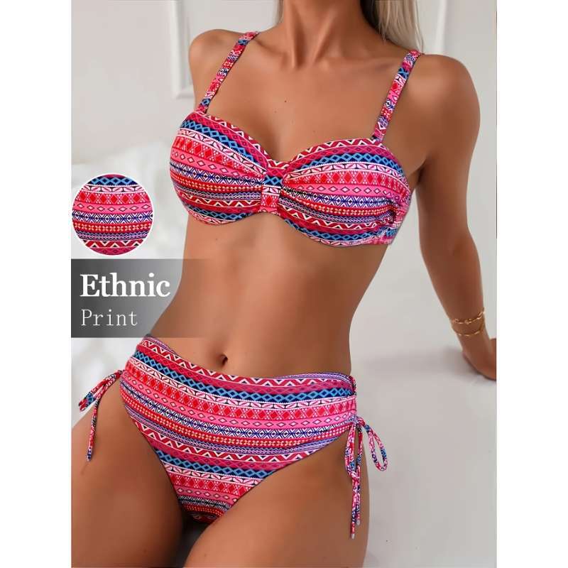 Printed Split Strap Bikini – High Waist European & American Style