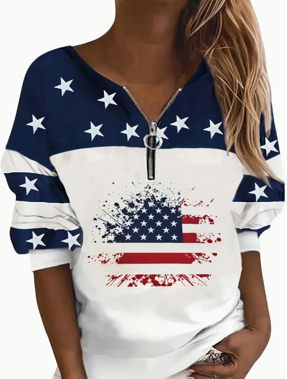 Half-Zip Flag Print Sweatshirt –Trendy Streetwear Pullover