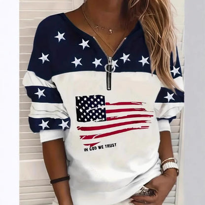 Half-Zip Flag Print Sweatshirt –Trendy Streetwear Pullover