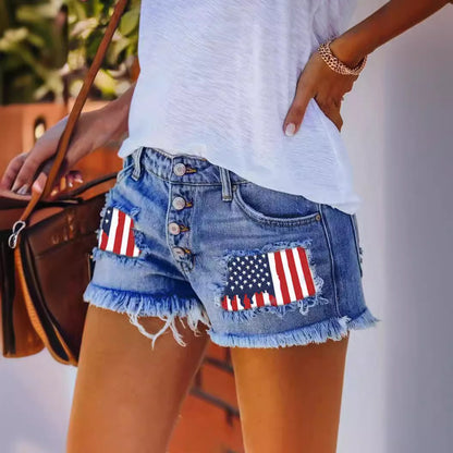 Women’s Ripped Patchwork Denim Shorts – Tassel Hem, Straight Fit
