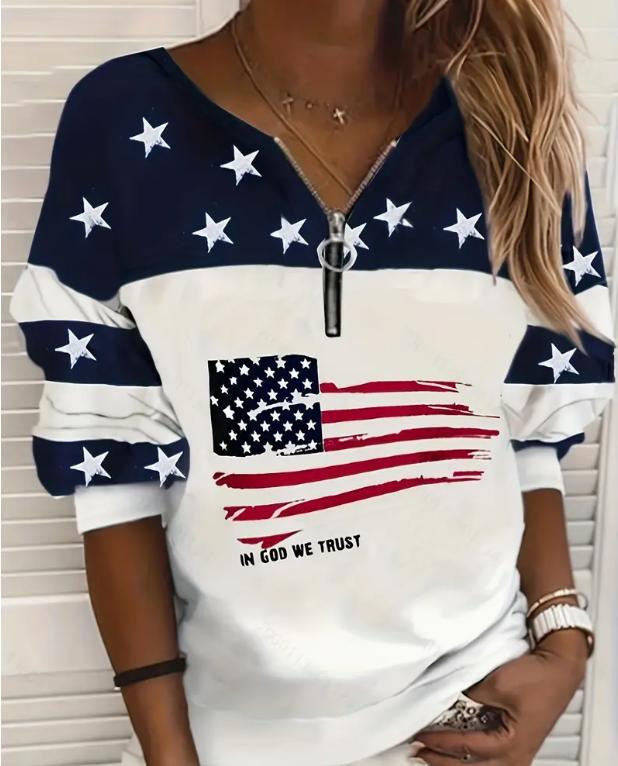 Half-Zip Flag Print Sweatshirt –Trendy Streetwear Pullover