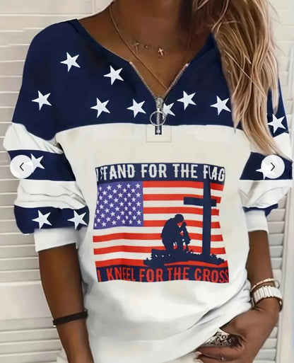 Half-Zip Flag Print Sweatshirt –Trendy Streetwear Pullover