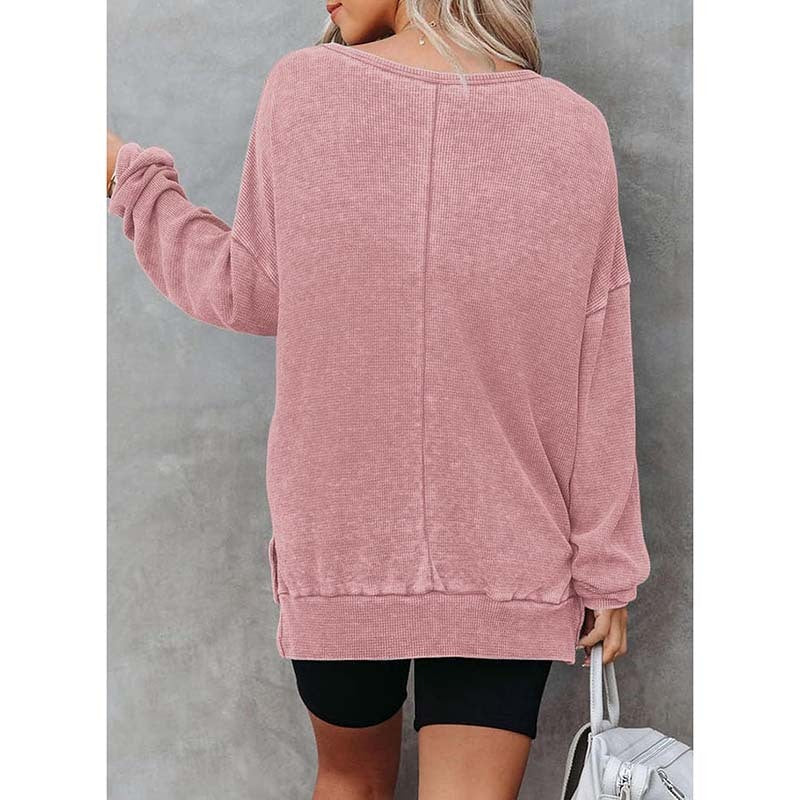 Waffle Knit Long Sleeve Crewneck – Casual Slit Hem Pullover