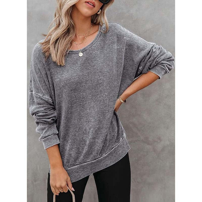 Waffle Knit Long Sleeve Crewneck – Casual Slit Hem Pullover