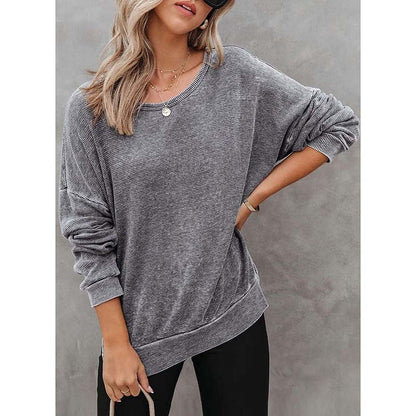 Waffle Knit Long Sleeve Crewneck – Casual Slit Hem Pullover