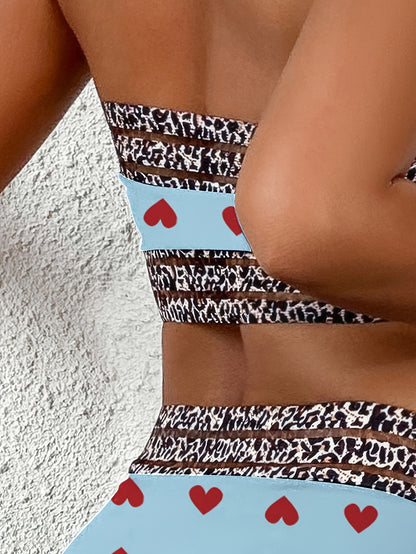 Women’s Love Print Leopard Bikini Set – Sexy Two-Piece Swimsuit with Elastic Belt