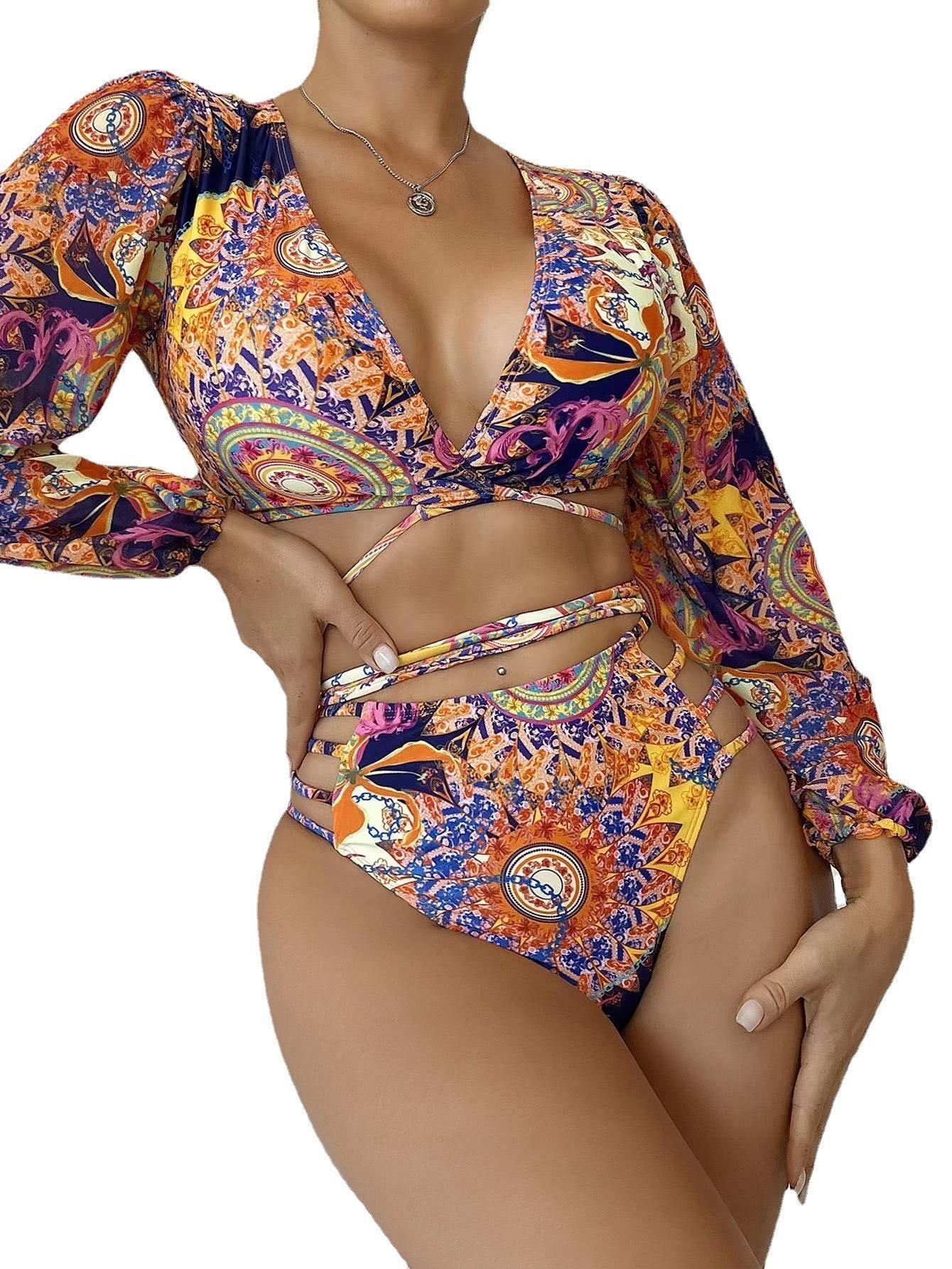 Sexy Mesh Lace-Up Bikini Swimsuit – Long Sleeve Swimwear for Women