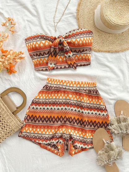 Women’s 2-Piece Striped Summer Set – Sexy Elastic Crop Top & High-Waist Shorts for Vacation & Daily Wear