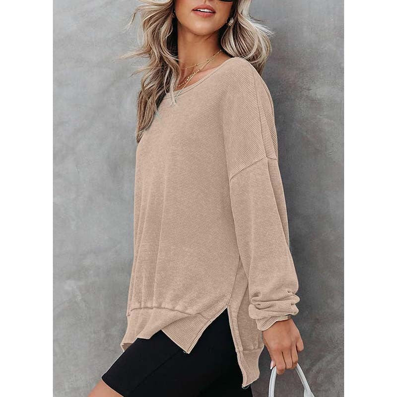 Waffle Knit Long Sleeve Crewneck – Casual Slit Hem Pullover