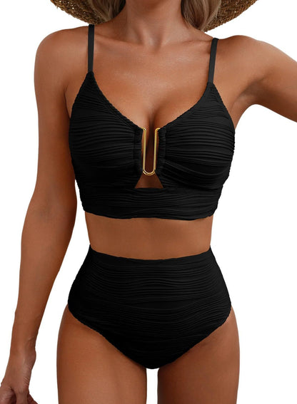 Women's V-Neck Hollow High Waist Bikini – Cutout Swim Set