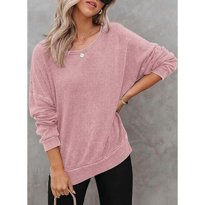Waffle Knit Long Sleeve Crewneck – Casual Slit Hem Pullover